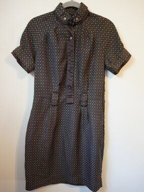 Bizz Y2K Brown Polka Dot Cotton Mini Dress Brass Buttons Medium Workwear Office